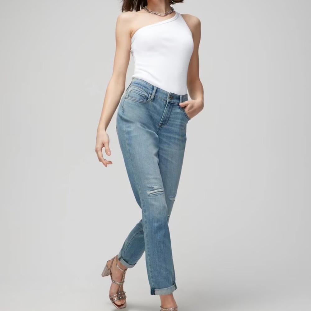 Petite Mid Rise Everyday Soft Denim™ Destructed Girlfriend Jeans size 4